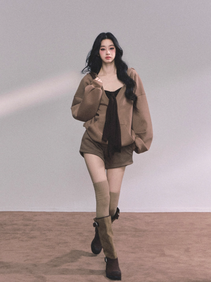 少也眼 Three-Piece Casual Hoodie Set – Loungewear Outfit in Khaki
