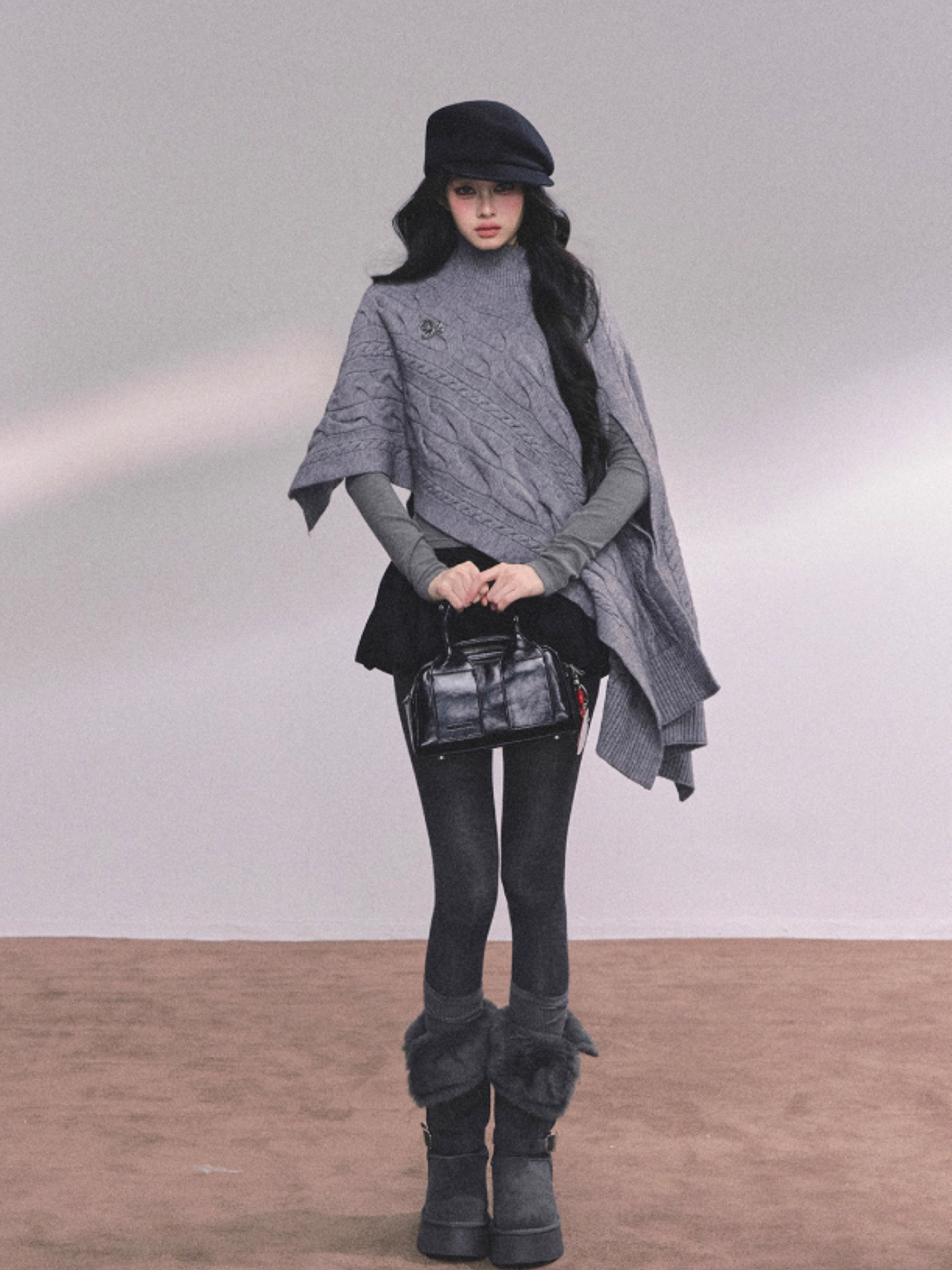 少也眼 British-Inspired Loose Fit Knit Cape