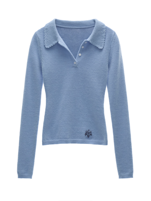 MAMC - Vintage Crochet V-Neck Puff Sleeve Sweater WE837 - BLUE