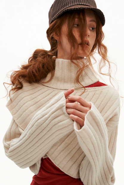 MAMC - Soft Recycled Airy Knit Cross-Neck Sweater (Red / Yellow / Ivory)