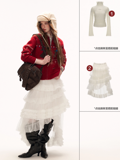 MAMC - Cozy Snowflake Bunny Knit Cardigan – Red WE873
