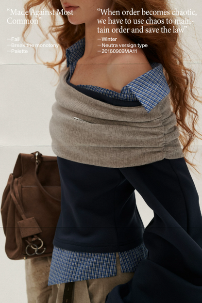 MAMC - Deconstructed Gingham Sweatshirt with Off-Shoulder Ruched Detail