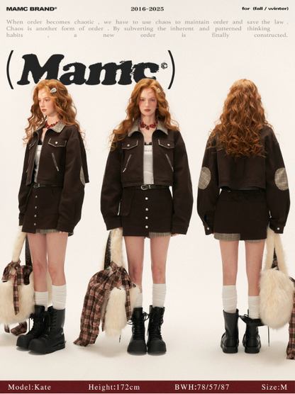 MAMC - Coffee Brown Plaid Patchwork Cropped Jacket & Skirt Set