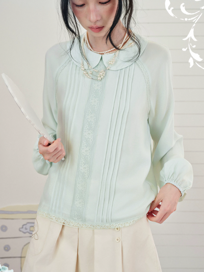 DAILY ARTIST - Mint Green Vintage Lace Doll-Collar Blouse