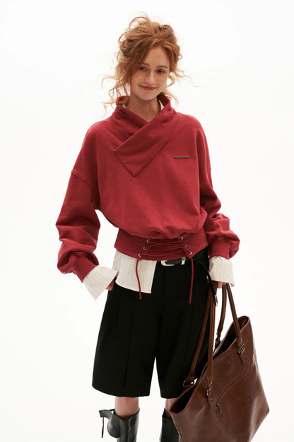 MAMC - Washed Vintage Cross-Neck Cinched Sweatshirt (Red / Gray)