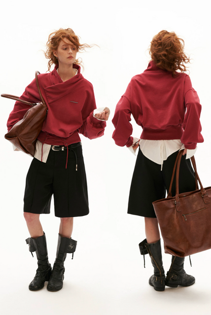MAMC - Washed Vintage Cross-Neck Cinched Sweatshirt (Red / Gray)