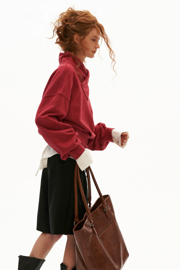 MAMC - Washed Vintage Cross-Neck Cinched Sweatshirt (Red / Gray)