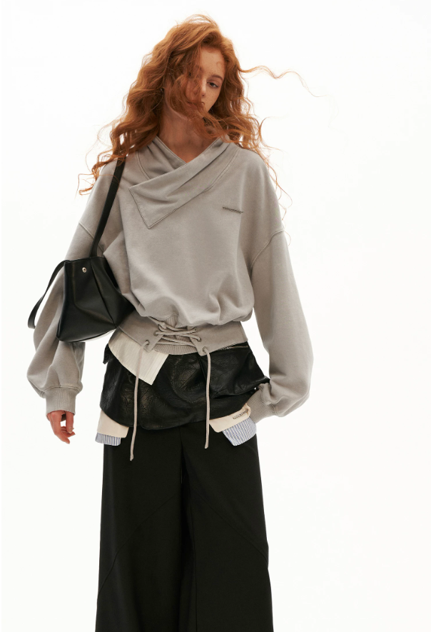 MAMC - Washed Vintage Cross-Neck Cinched Sweatshirt (Red / Gray)