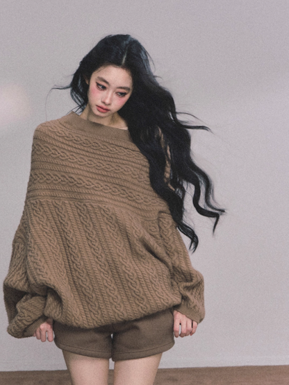 少也眼 Korean-Style Loose Fit Cable Knit Sweater