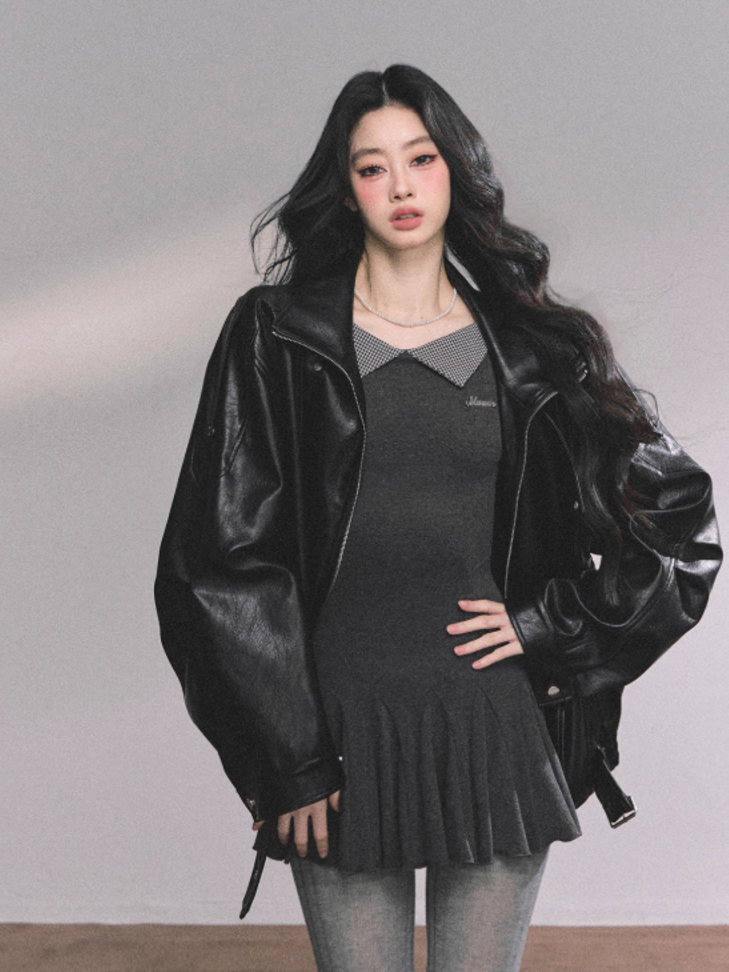 少也眼 Loston Gray Faux Two-Piece Long Sleeve Slim Fit Dress