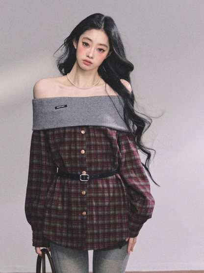 少也眼 Tipsy Marguerite Off-Shoulder Plaid Layered Look Top