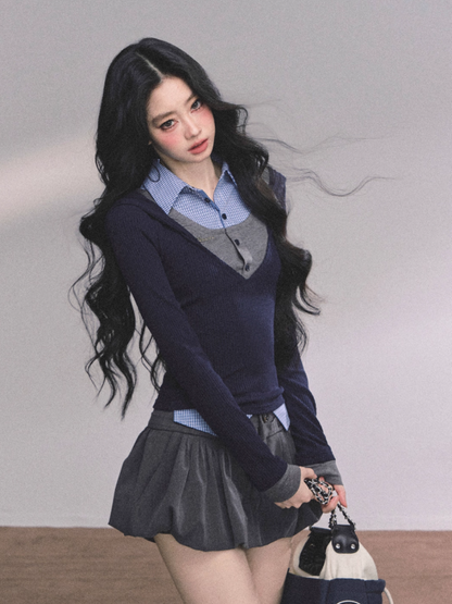 少也眼 American-Style Layered Look Long Sleeve Knit Tee