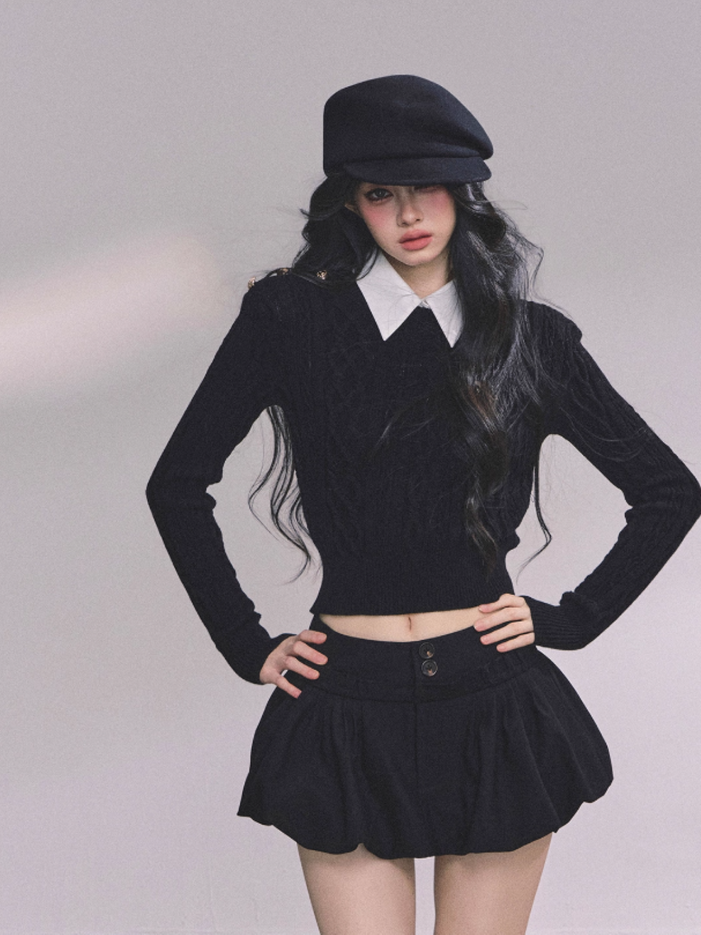 少也眼 Elegant Aesthetic Faux Two-Piece Long Sleeve Knit Sweater