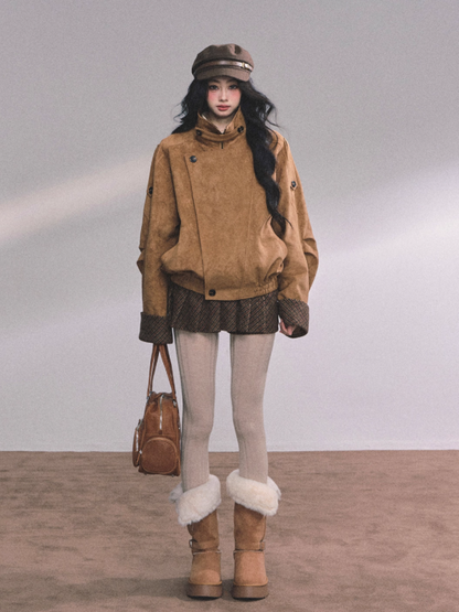 少也眼 Hazelnut Suede-Look Two-Piece Set (Jacket and Skort)