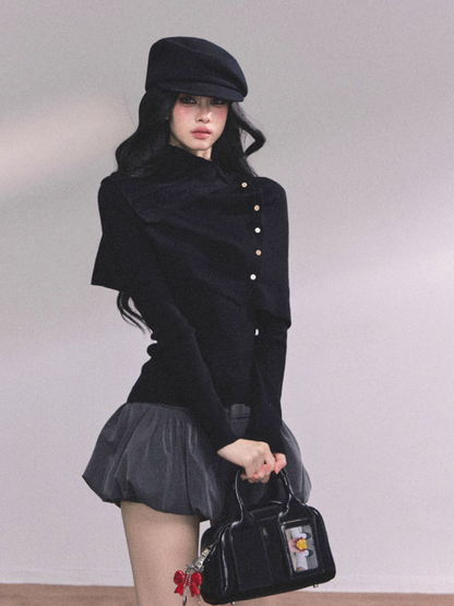 少也眼 Elegant Korean-Style Slim Fit Knit Long Sleeve Top with Cape