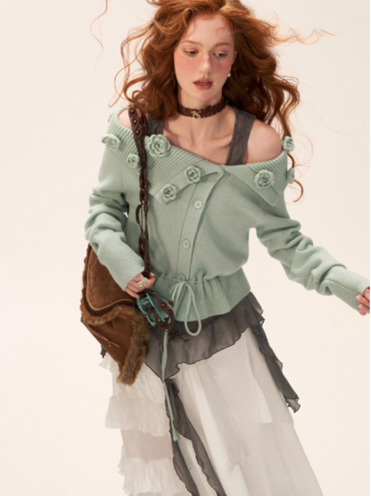 MAMC - Off-Shoulder Rose Button Knit Cardigan (Mint Green)