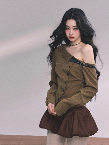 少也眼 Elegant American-Style Off-Shoulder Striped Shirt
