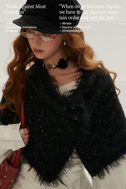 MAMC - Textured Two-Way Knit Scarf & Shawl with Long-Hair Fringe (Black / White)