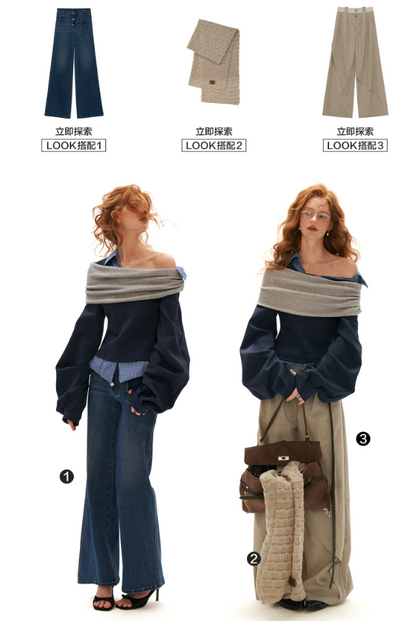 MAMC - Deconstructed Gingham Sweatshirt with Off-Shoulder Ruched Detail