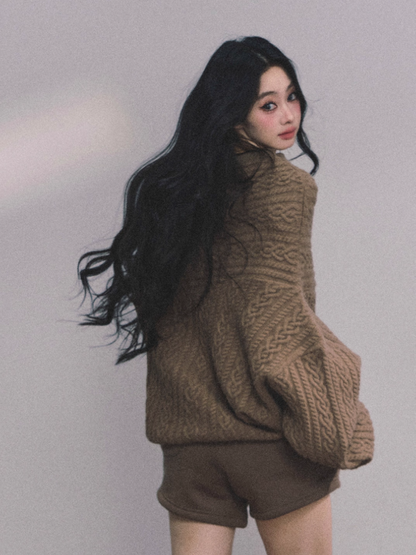 少也眼 Korean-Style Loose Fit Cable Knit Sweater