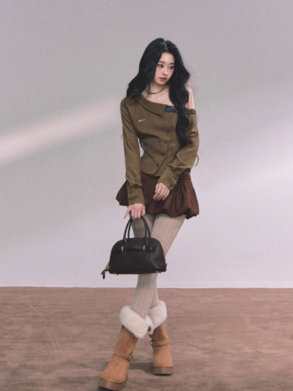少也眼 Elegant American-Style Off-Shoulder Striped Shirt