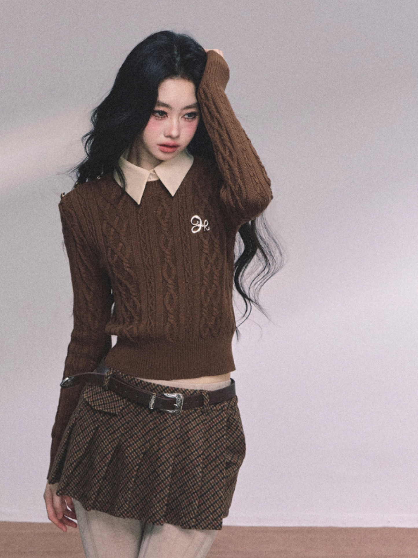 少也眼 Elegant Aesthetic Faux Two-Piece Long Sleeve Knit Sweater
