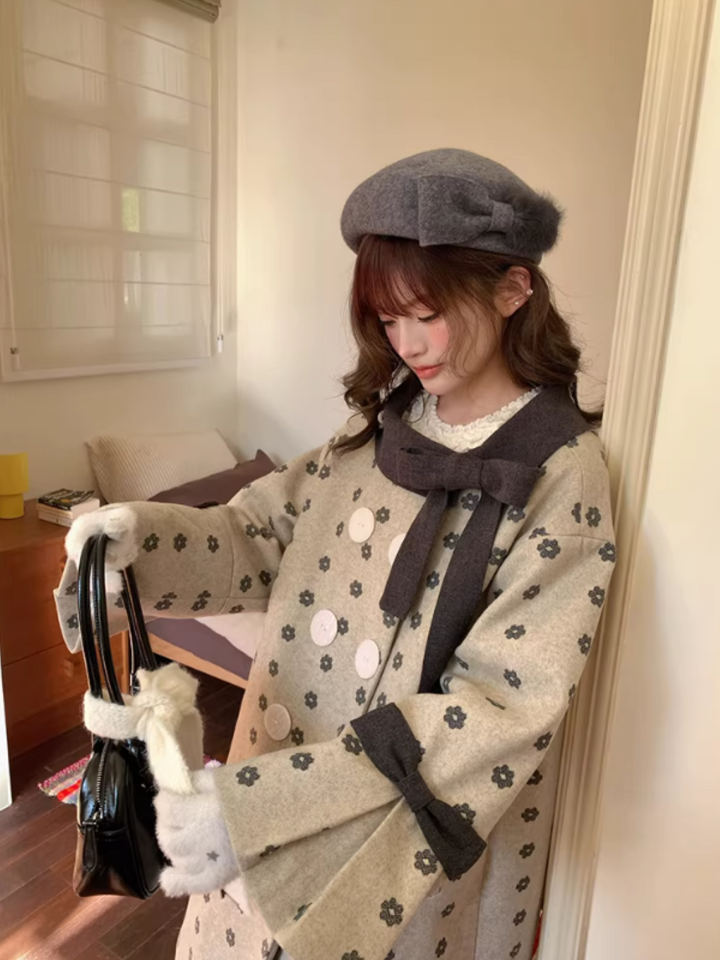 阮阮自制 - "Mild Butterfly" Bow-Embroidered Padded Wool-Blend Winter Coat