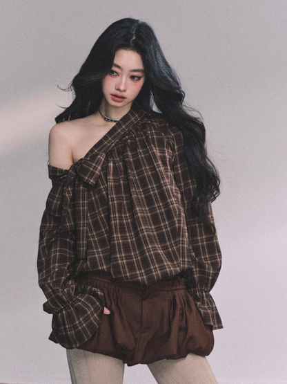 少也眼 Luxe Leeds Loose Fit Off-Shoulder Slimming Plaid Shirt