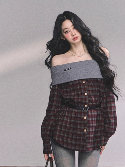 少也眼 Tipsy Marguerite Off-Shoulder Plaid Layered Look Top