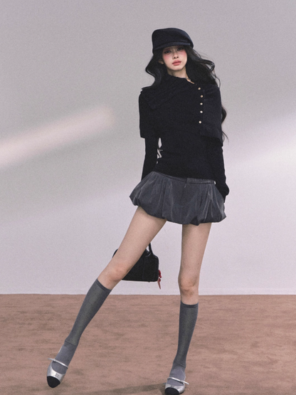 少也眼 Elegant Korean-Style Slim Fit Knit Long Sleeve Top with Cape