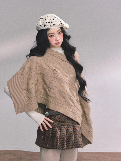少也眼 British-Inspired Loose Fit Knit Cape