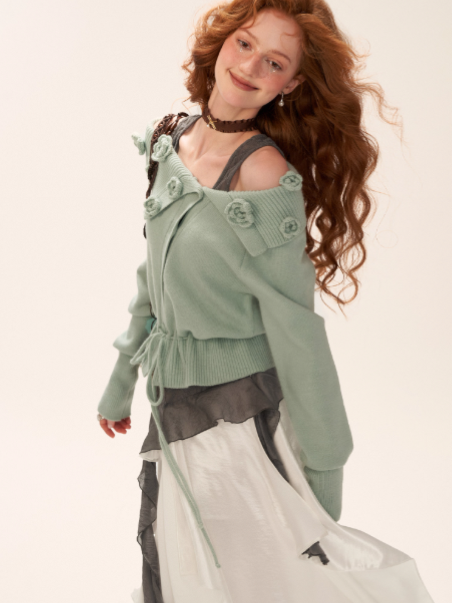 MAMC - Off-Shoulder Rose Button Knit Cardigan (Mint Green)