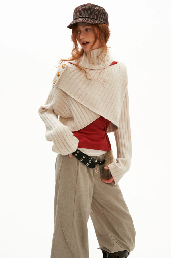 MAMC - Soft Recycled Airy Knit Cross-Neck Sweater (Red / Yellow / Ivory)