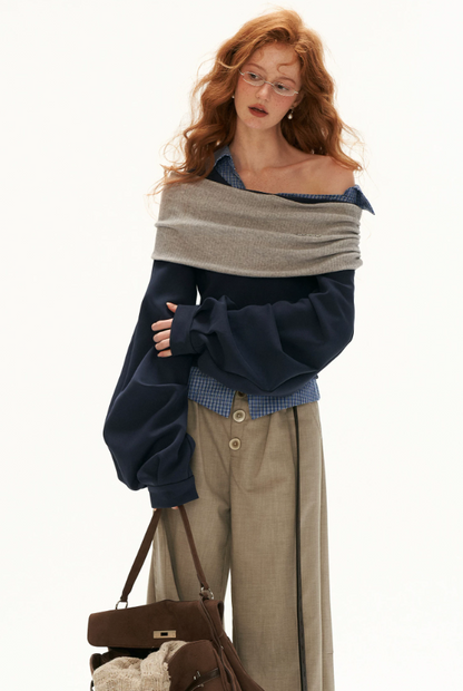 MAMC - Deconstructed Gingham Sweatshirt with Off-Shoulder Ruched Detail