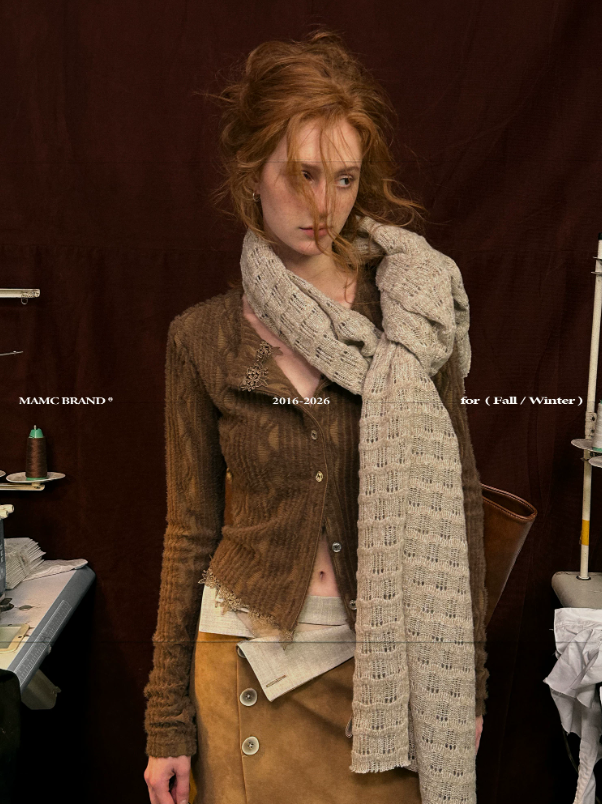 MAMC - Mocha Fuzzy Diamond-Texture Lace Knit Cardigan (Brown / Gray / Beige)