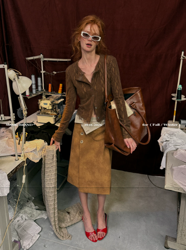 MAMC - Mocha Fuzzy Diamond-Texture Lace Knit Cardigan (Brown / Gray / Beige)