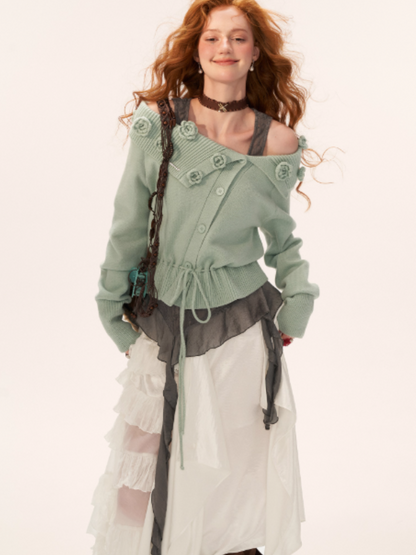 MAMC - Off-Shoulder Rose Button Knit Cardigan (Mint Green)