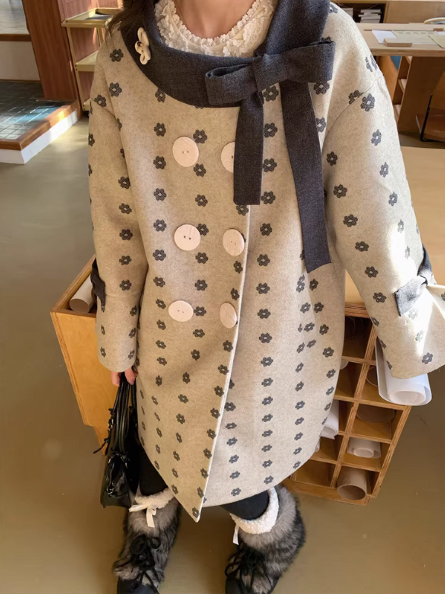 阮阮自制 - "Mild Butterfly" Bow-Embroidered Padded Wool-Blend Winter Coat