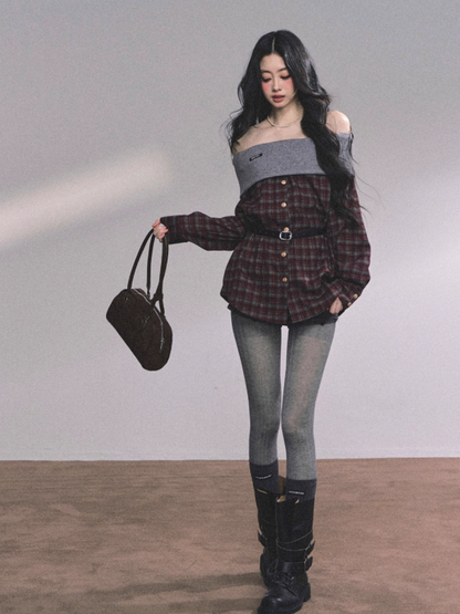 少也眼 Tipsy Marguerite Off-Shoulder Plaid Layered Look Top