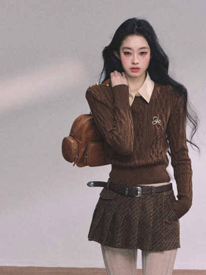 少也眼 Elegant Aesthetic Faux Two-Piece Long Sleeve Knit Sweater