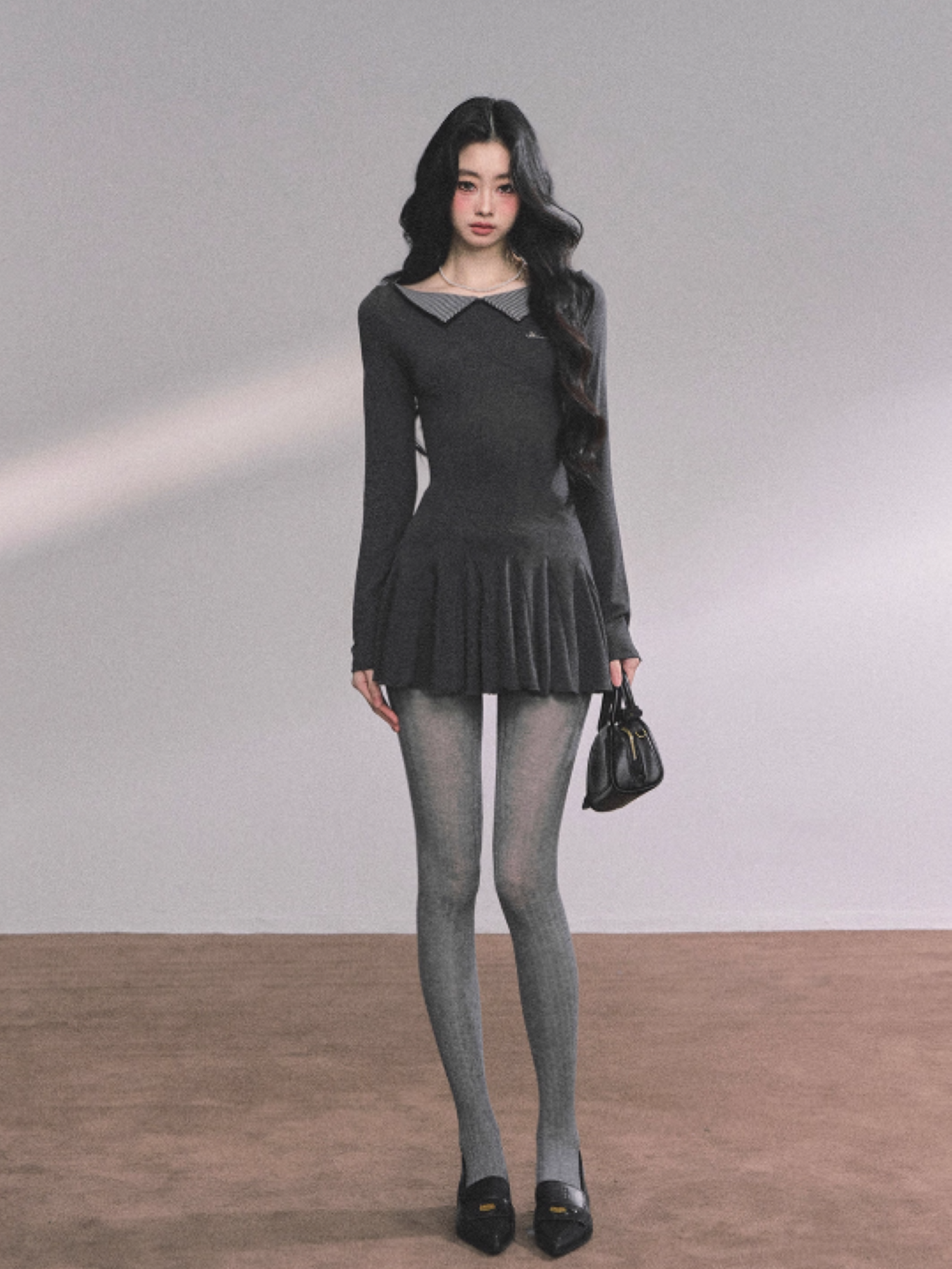 少也眼 Loston Gray Faux Two-Piece Long Sleeve Slim Fit Dress