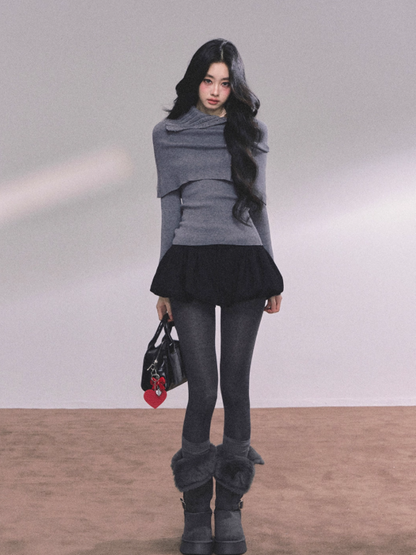 少也眼 Elegant Korean-Style Slim Fit Knit Long Sleeve Top with Cape