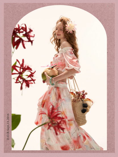 "Watercolor Fruit Mood" Off-Shoulder Top & Ruffle Skirt Set WE945