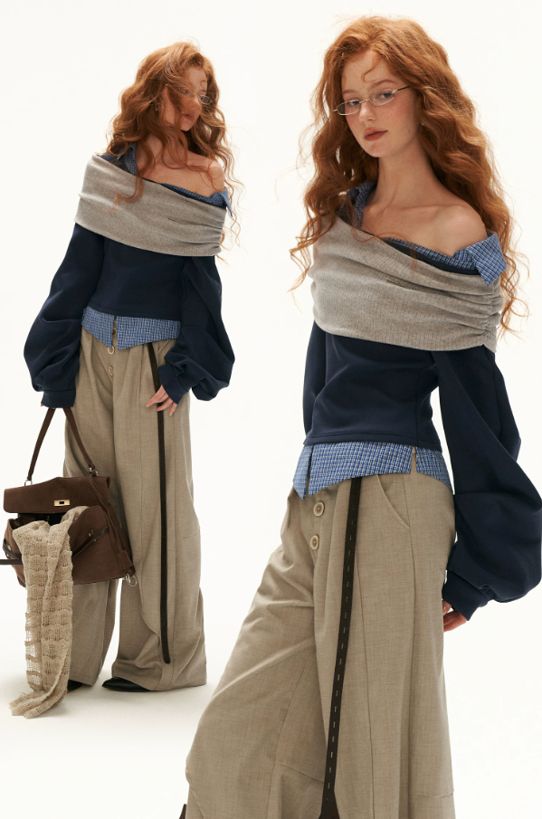 MAMC - Deconstructed Gingham Sweatshirt with Off-Shoulder Ruched Detail