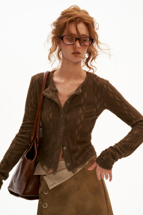 MAMC - Mocha Fuzzy Diamond-Texture Lace Knit Cardigan (Brown / Gray / Beige)