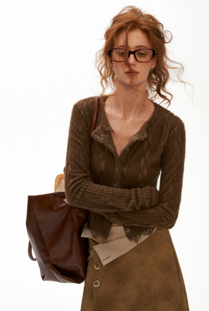 MAMC - Mocha Fuzzy Diamond-Texture Lace Knit Cardigan (Brown / Gray / Beige)