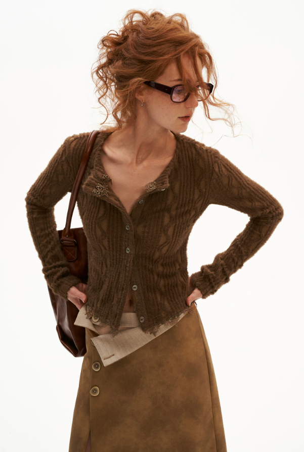 MAMC - Mocha Fuzzy Diamond-Texture Lace Knit Cardigan (Brown / Gray / Beige)