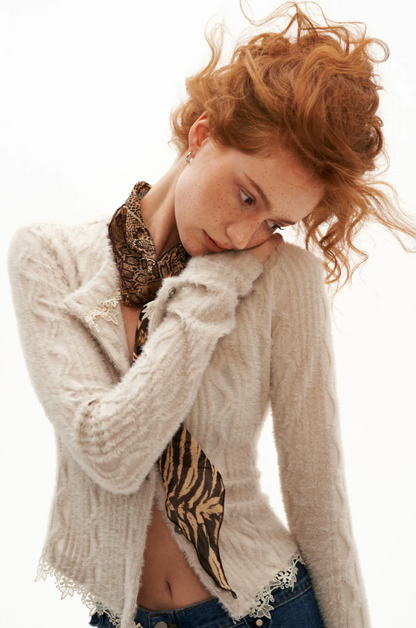 MAMC - Mocha Fuzzy Diamond-Texture Lace Knit Cardigan (Brown / Gray / Beige)