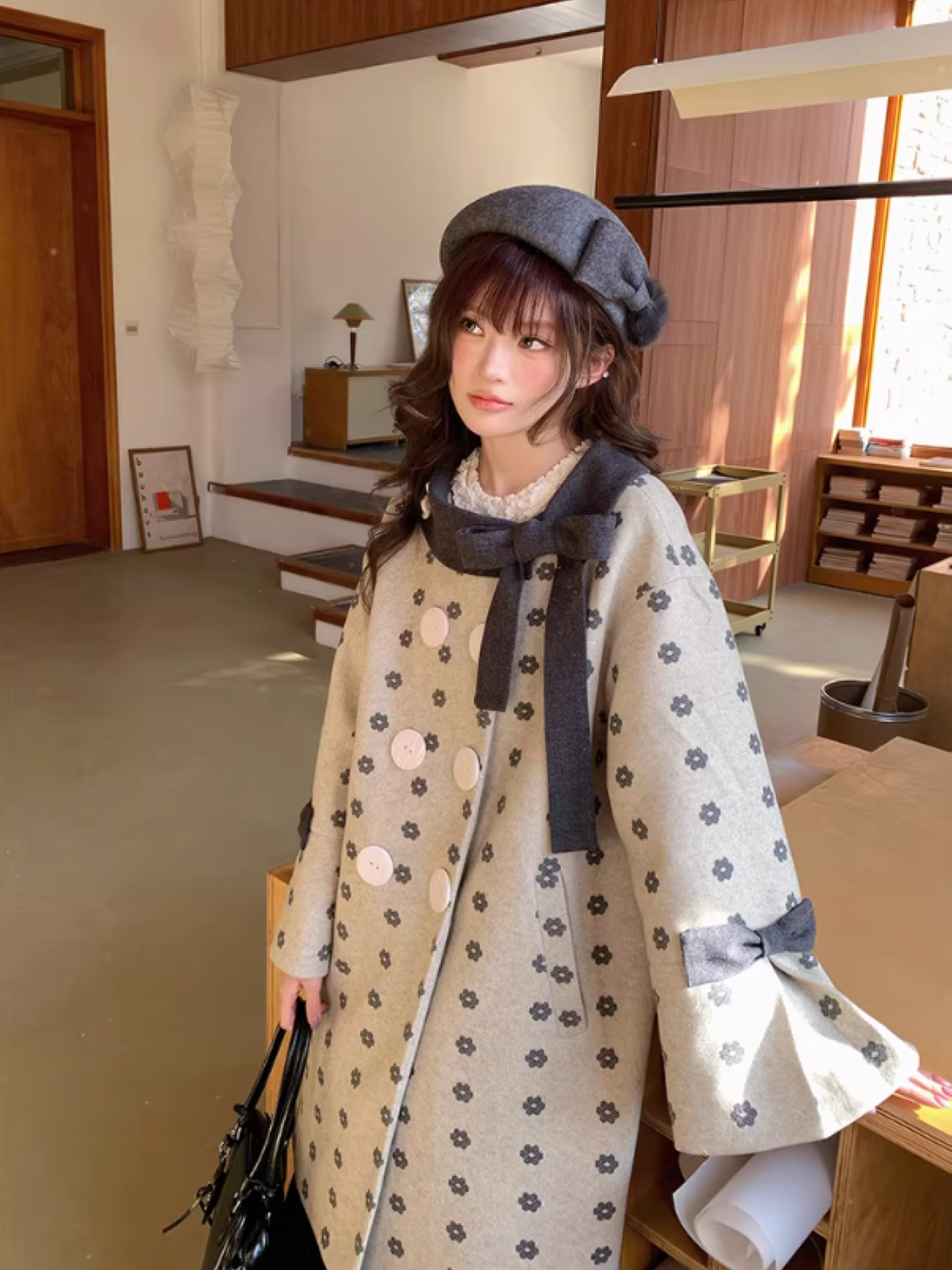 阮阮自制 - "Mild Butterfly" Bow-Embroidered Padded Wool-Blend Winter Coat