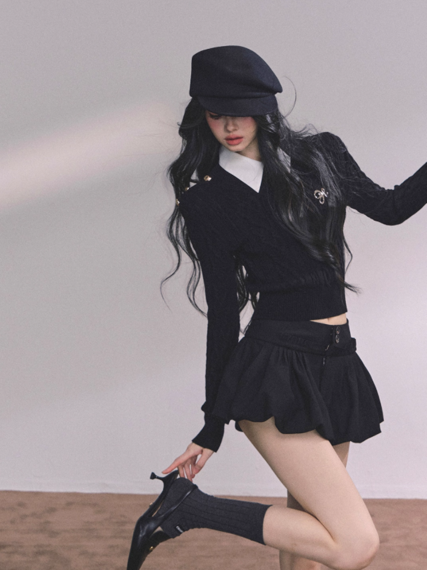 少也眼 Elegant Aesthetic Faux Two-Piece Long Sleeve Knit Sweater